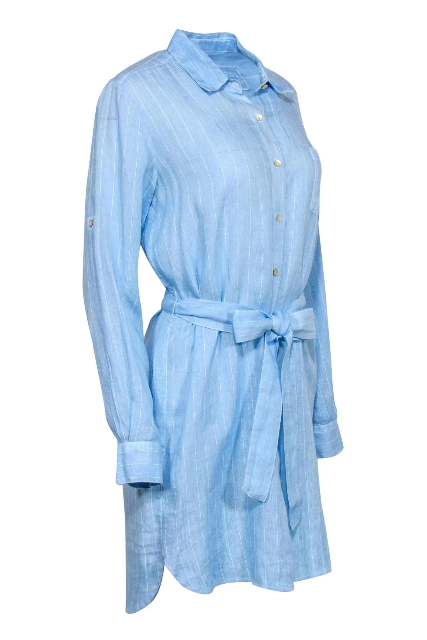 120% Lino - Light Blue & White Pinstripe Linen Shirtdress Sz S