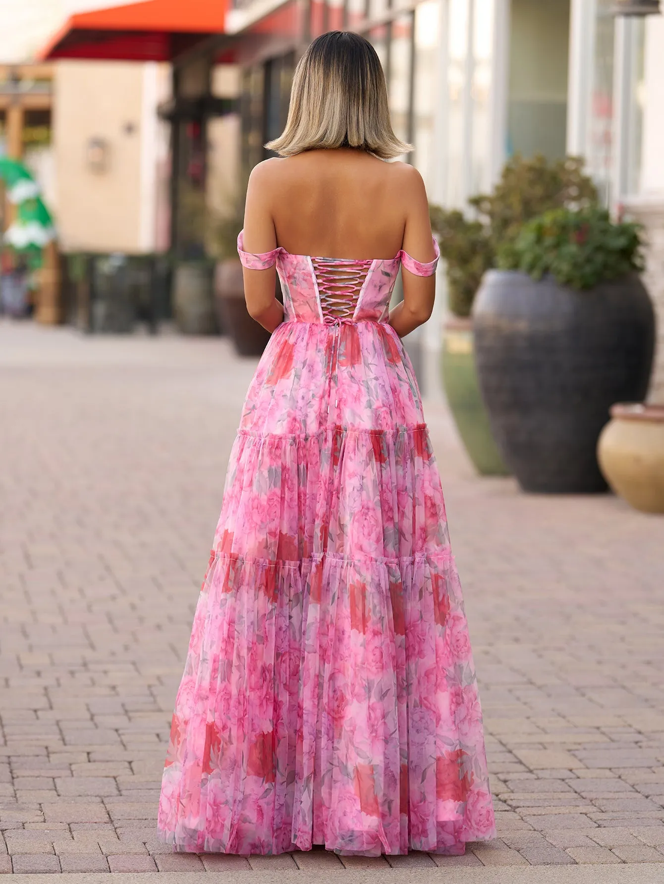 A Line Floral Pink Long Prom Dress