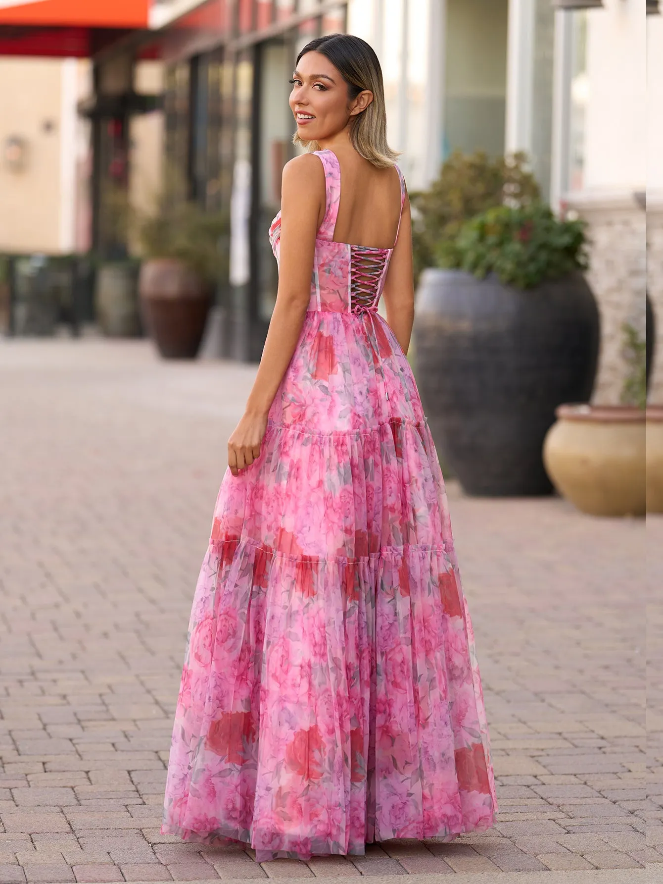 A Line Floral Pink Long Prom Dress