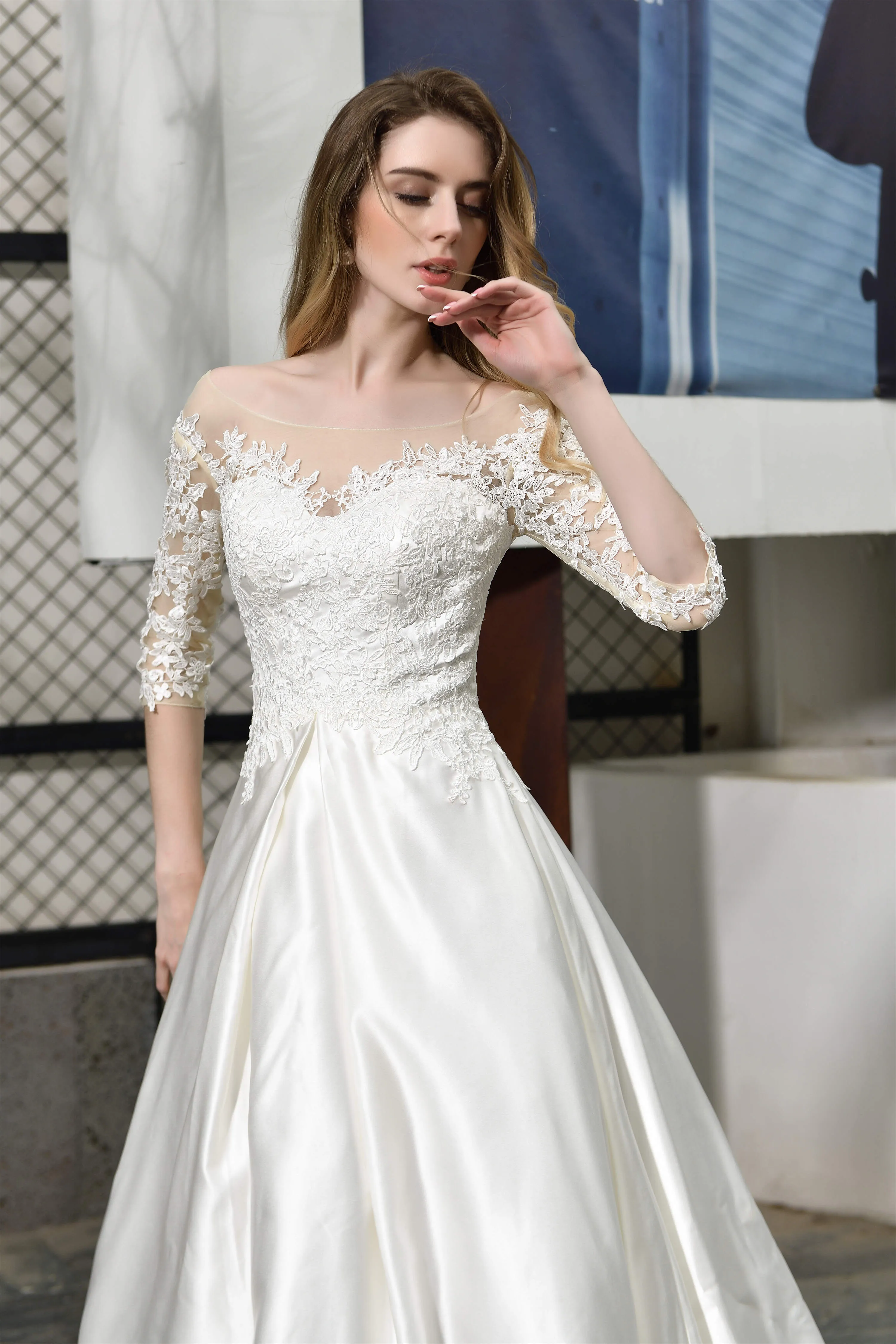 A-Line Satin Lace 3/4 Sleeves Ankle Length Wedding Dresses