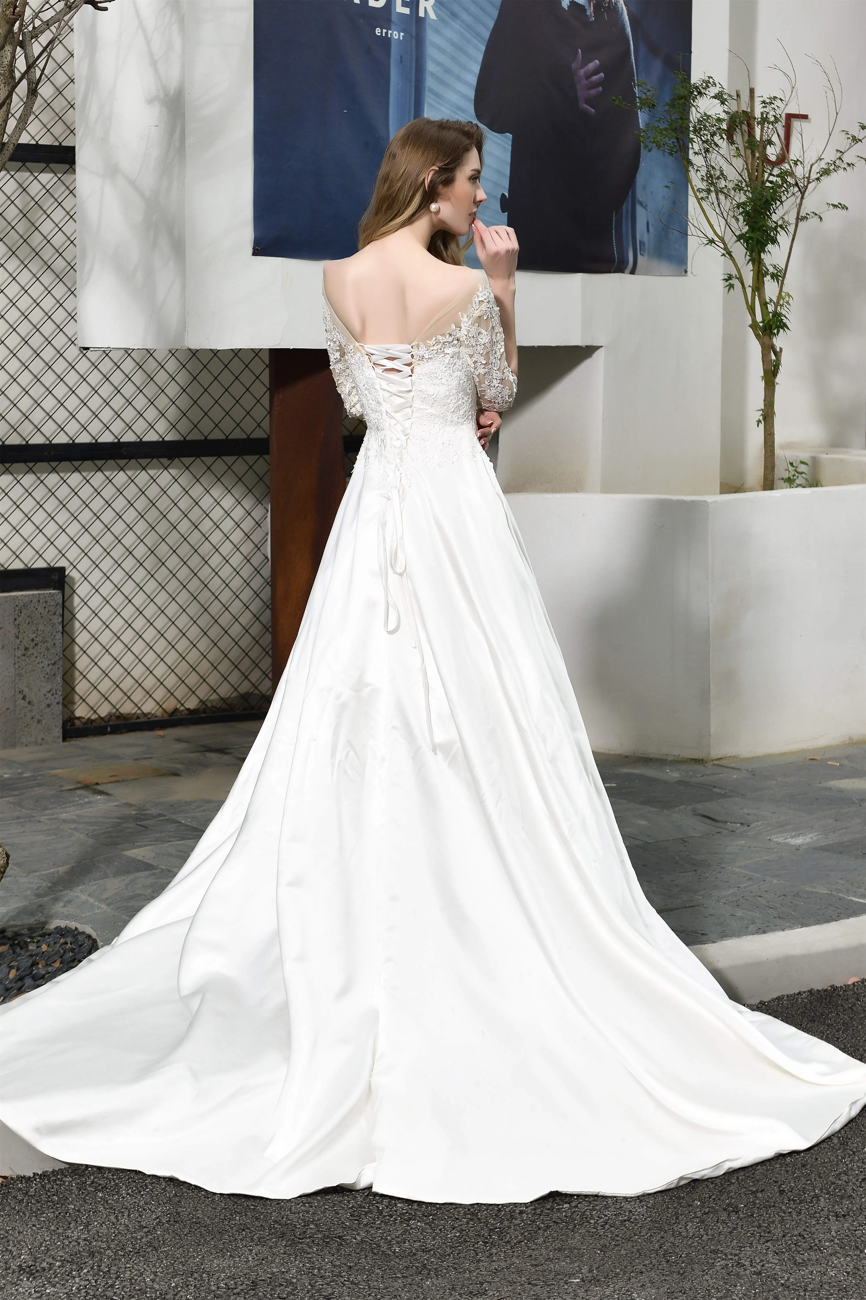 A-Line Satin Lace 3/4 Sleeves Ankle Length Wedding Dresses