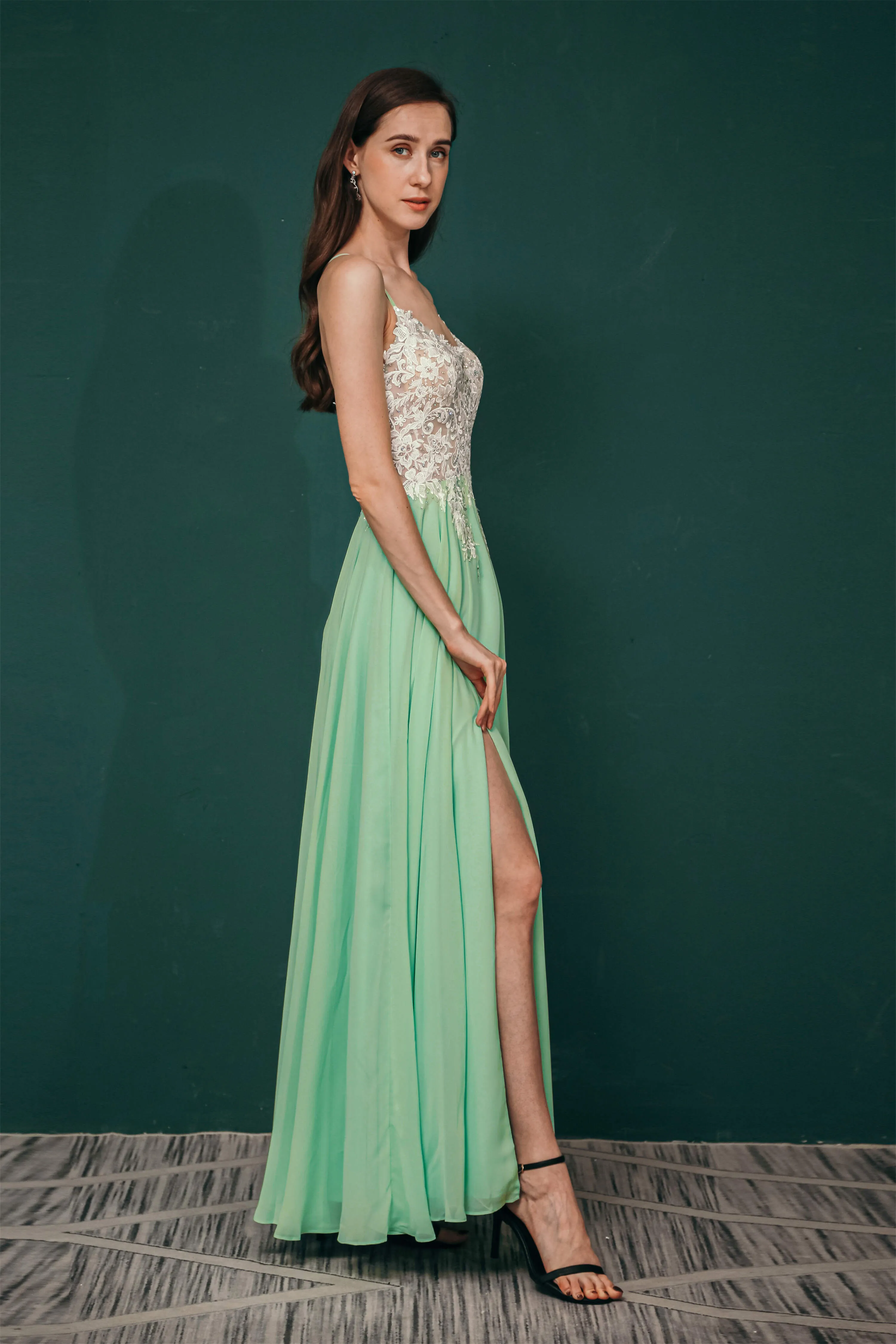 A-line Spaghetti Straps Side Split Long Prom Dresses