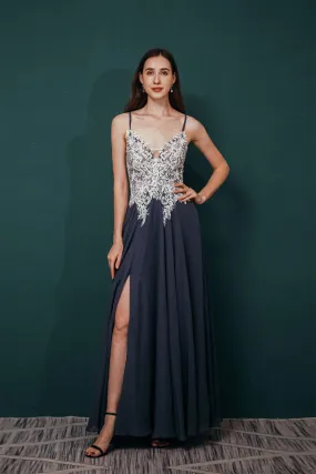 A-line Spaghetti Straps Side Split Long Prom Dresses