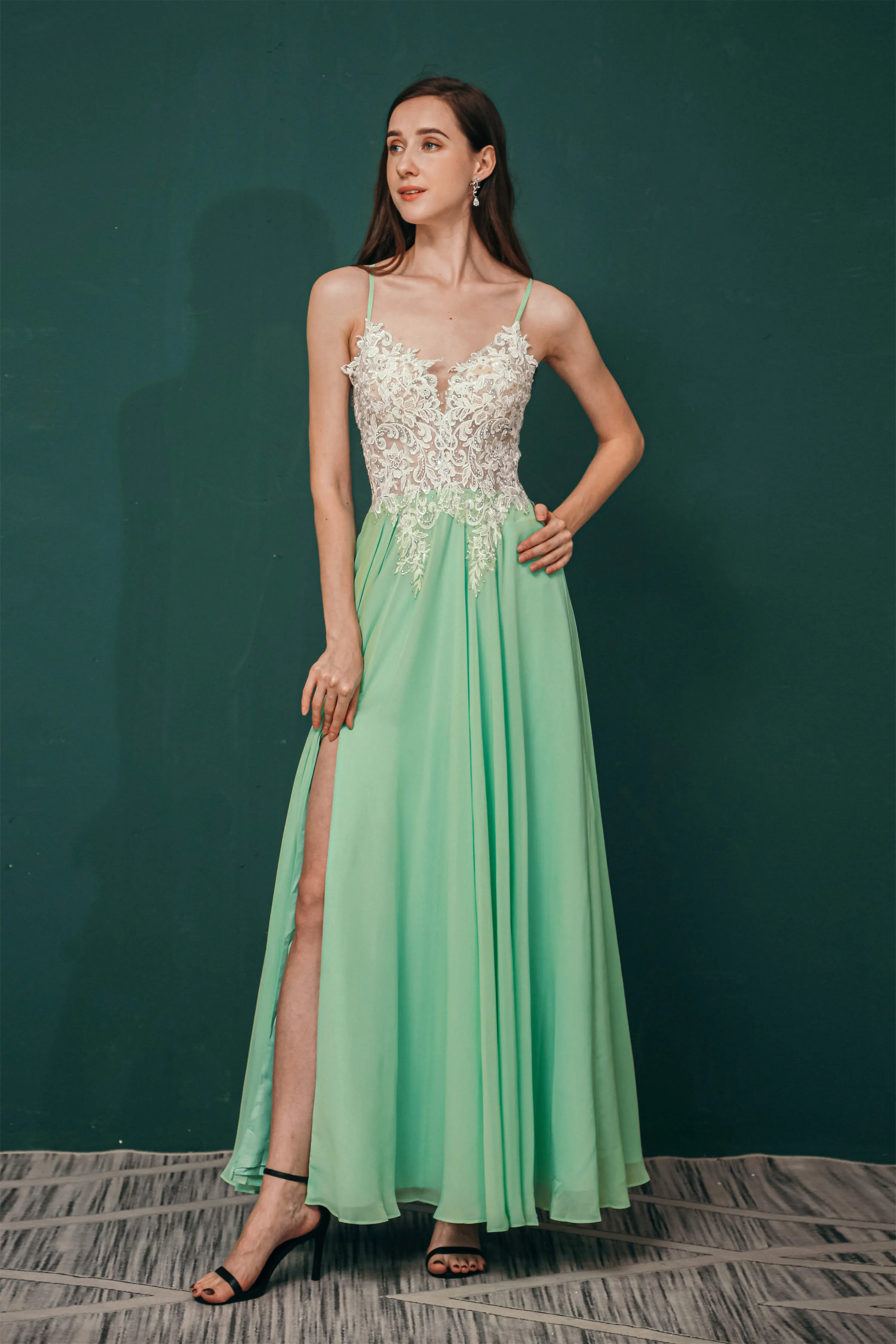 A-line Spaghetti Straps Side Split Long Prom Dresses