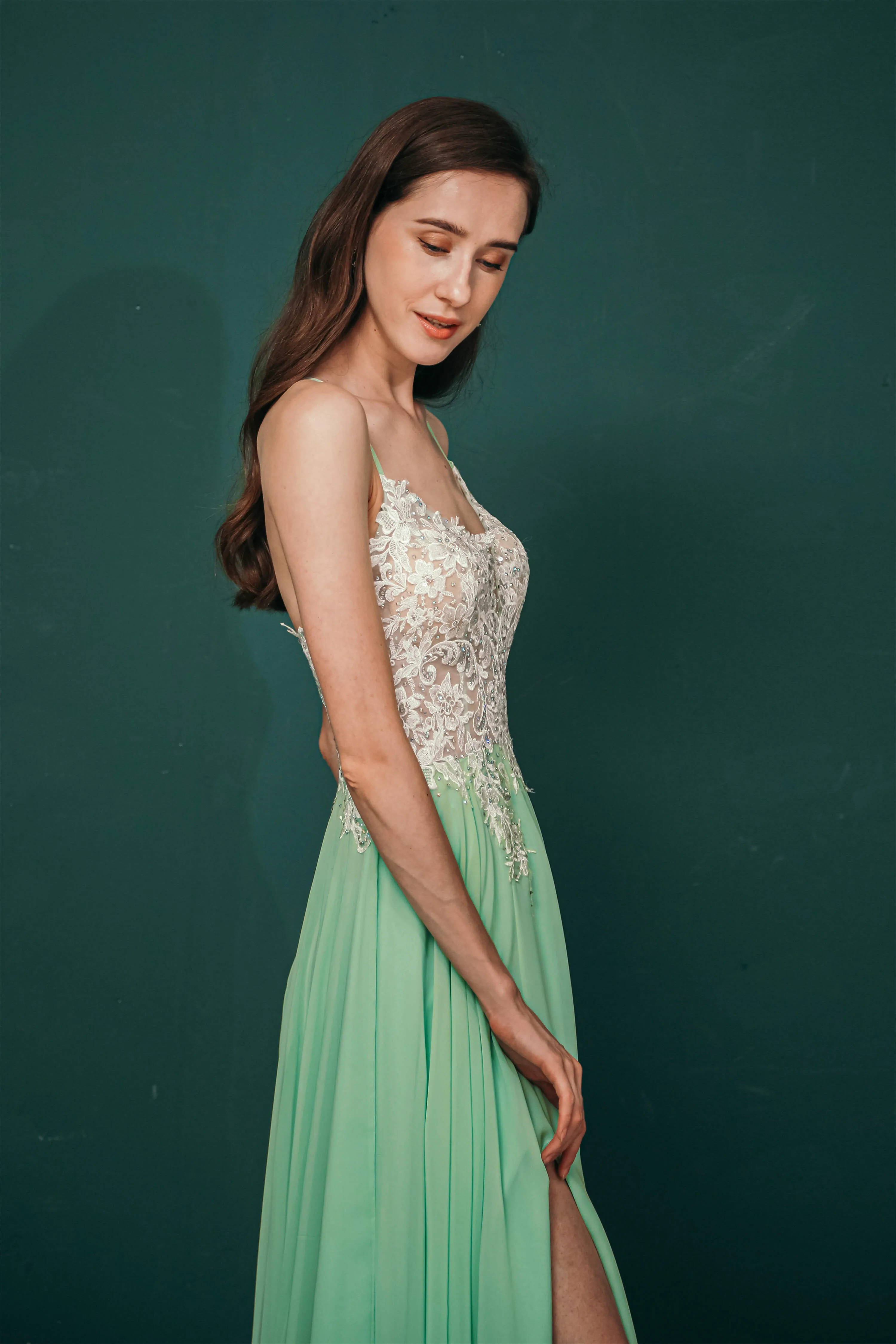 A-line Spaghetti Straps Side Split Long Prom Dresses