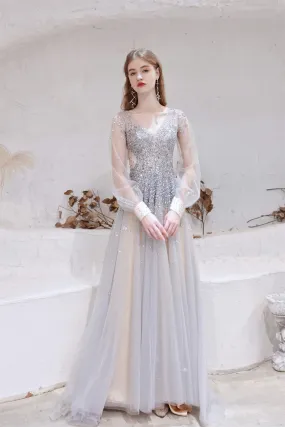 A Line V-Neck Long Sleeve Beading Tulle Court Train Prom Dresses