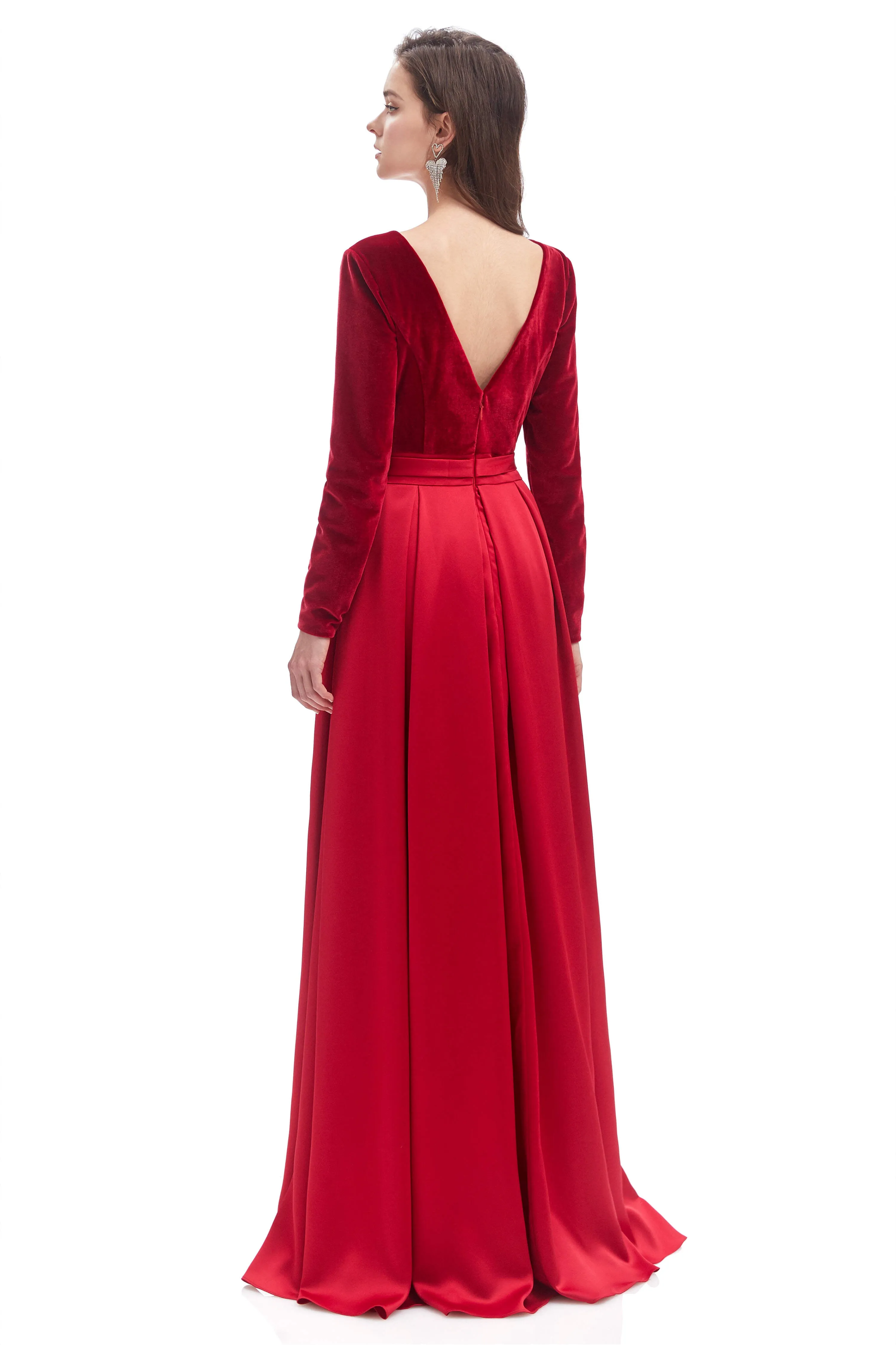 A-line V Neck Velvet Long Prom Dresses