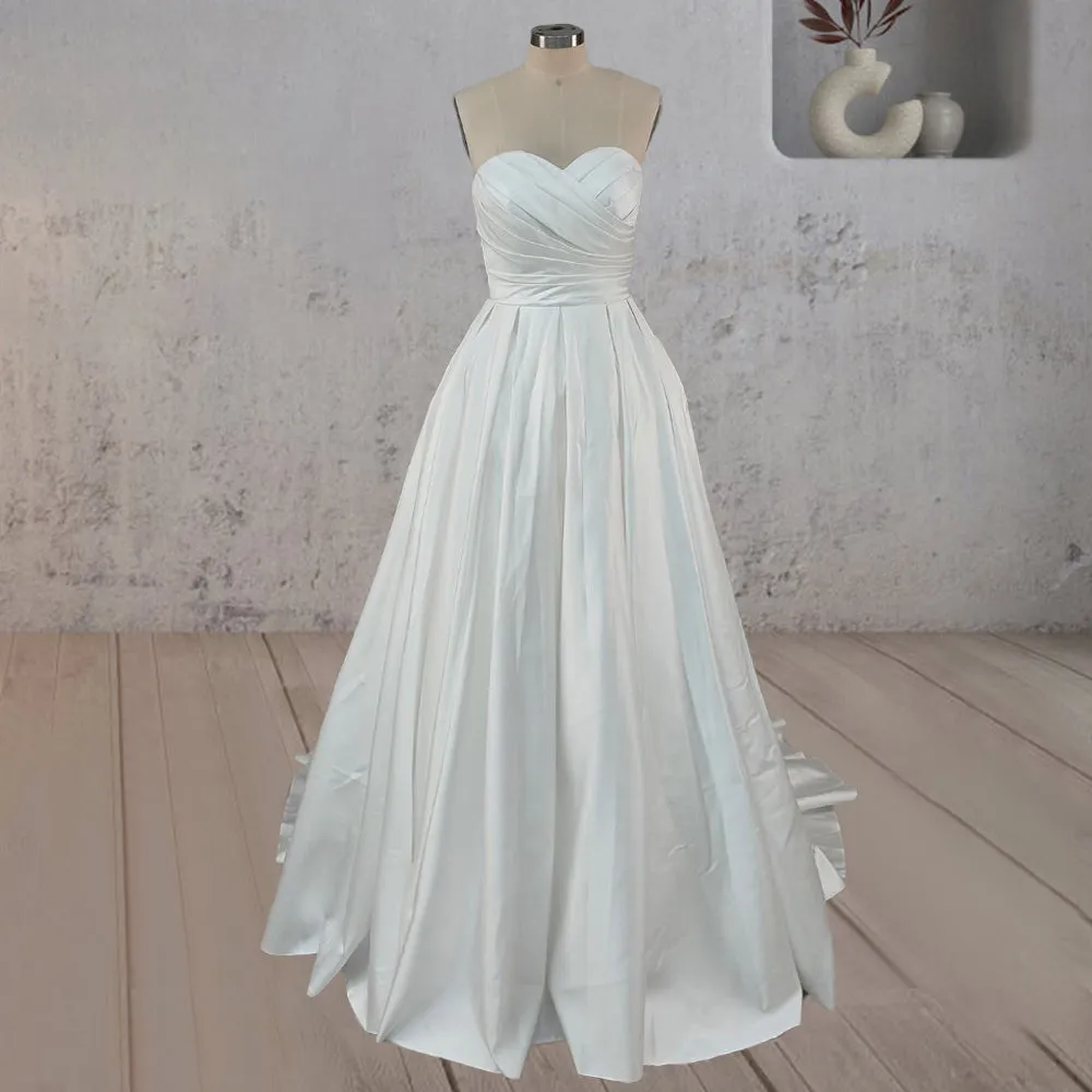 A-Line White Strapless Ruffled Wedding Dresses