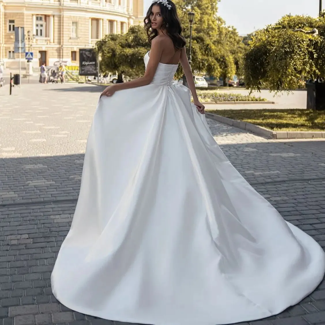 A-Line White Strapless Ruffled Wedding Dresses