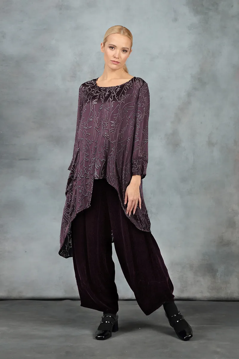 Asymmetrical Vintage Violet Devoré Feather Silk Tunic