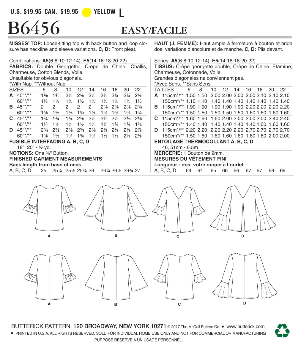 B6456 Misses' Tulip or Ruffle Sleeve Tops