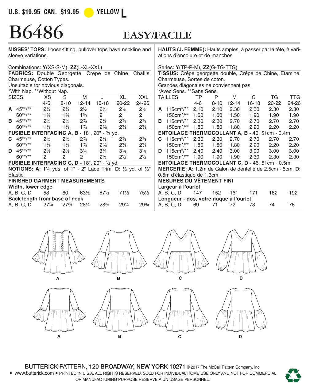 B6486 Misses' Loose-Fitting, Gathered Waist Pullover Tops with Bell Sleeves