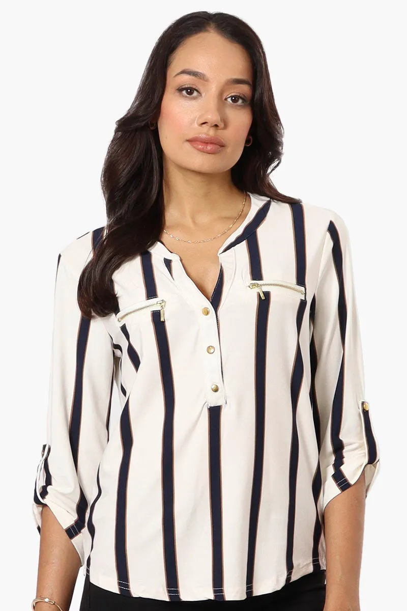 Beechers Brook Striped Henley Roll Up Sleeve Shirt - White