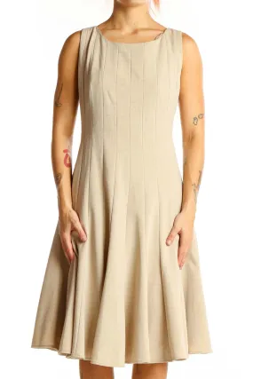 Beige Pleated Sleeveless A-Line Dress