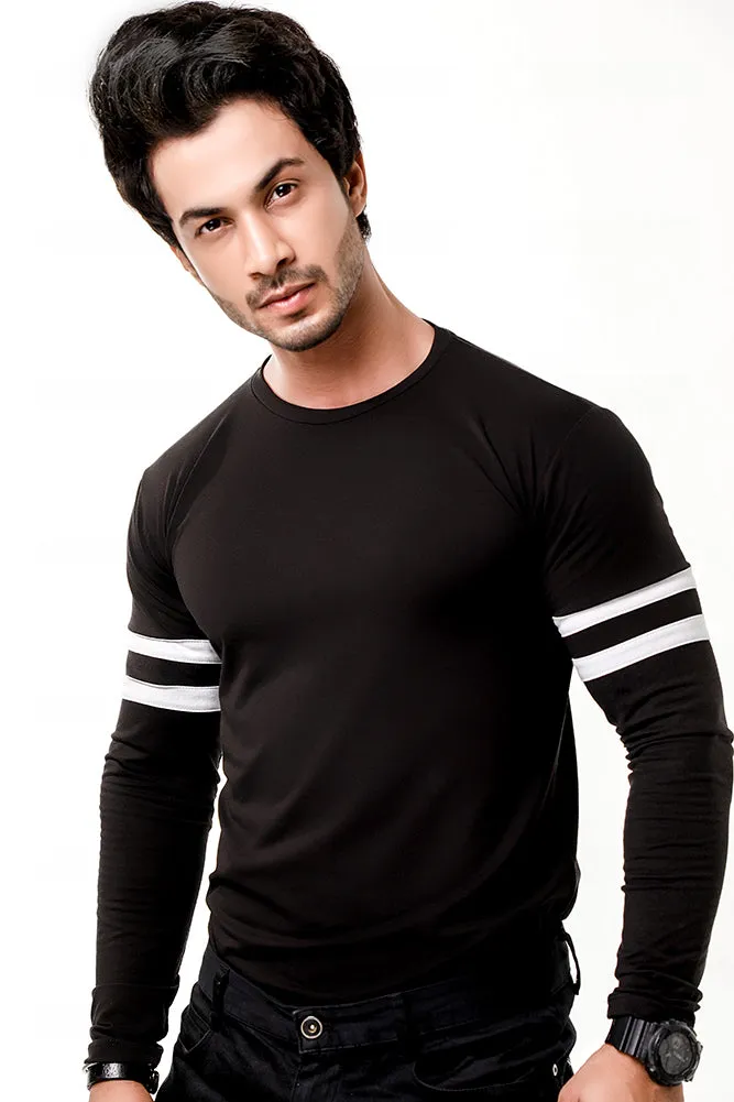 Black Contrast Full Sleeve Stripe T-Shirt