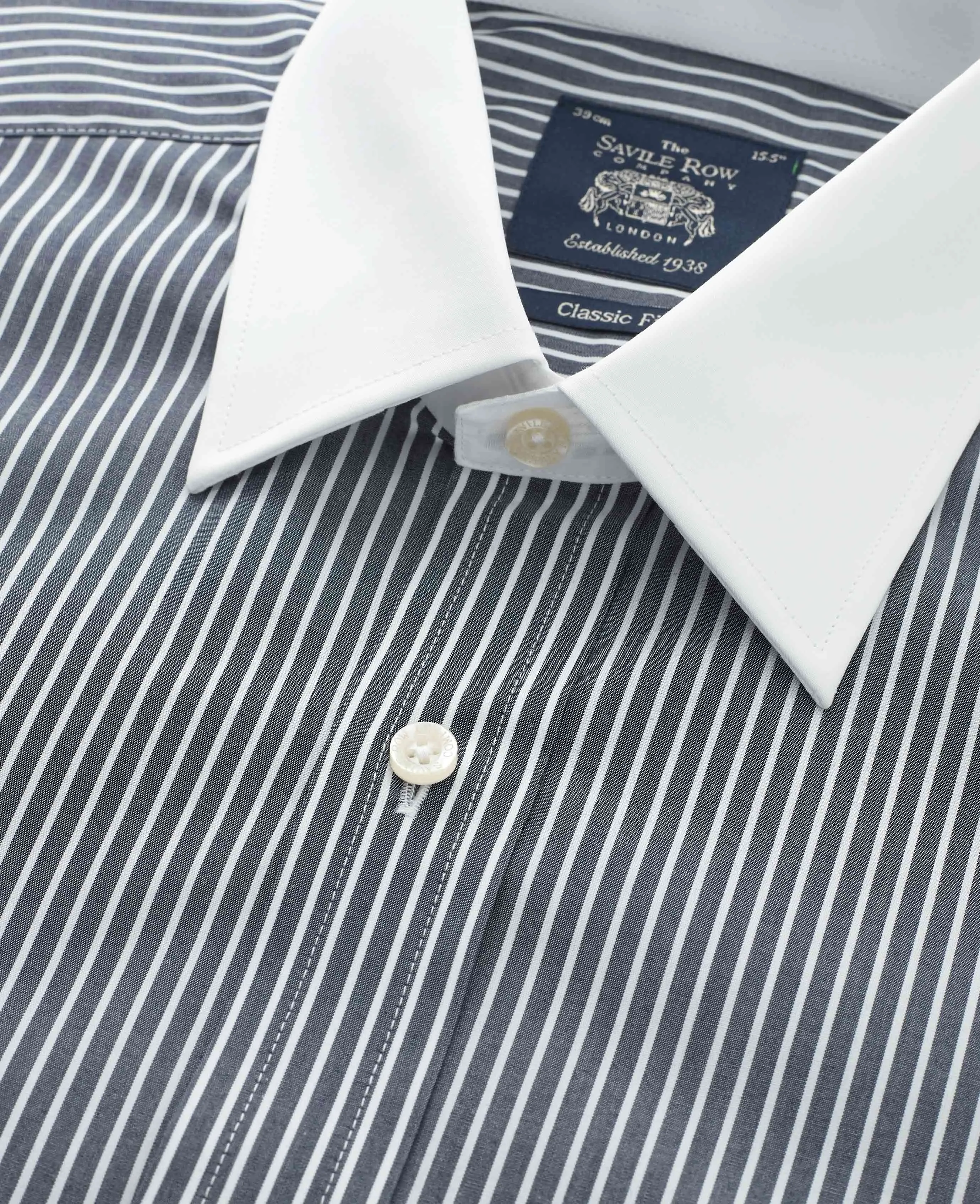 Black White Stripe Classic Fit Formal Shirt With White Collar & Cuffs - Double Cuff