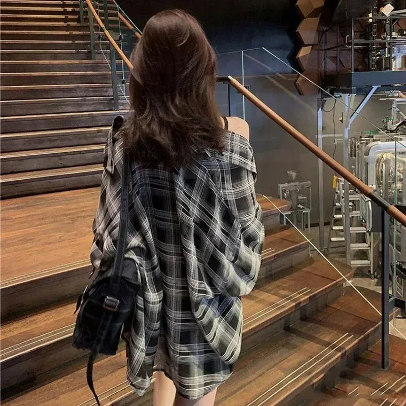 Blouses Women Plaid Chic Daily Outwear Loose Vacation Elegant Simple Long Sleeve Shirts Ladies Korean Summer Sun-proof Shirt