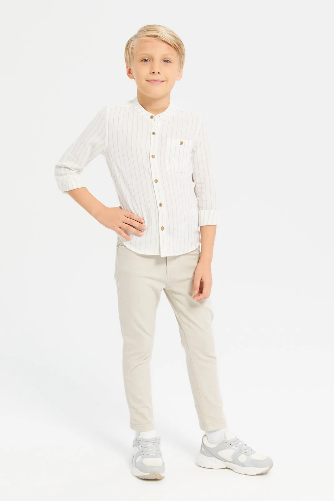 Boys White Mandarin Collar Shirt With Pocket