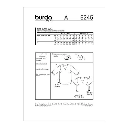 Burda Pattern 6245 Misses' Loose-Fitting Tops (8-18)