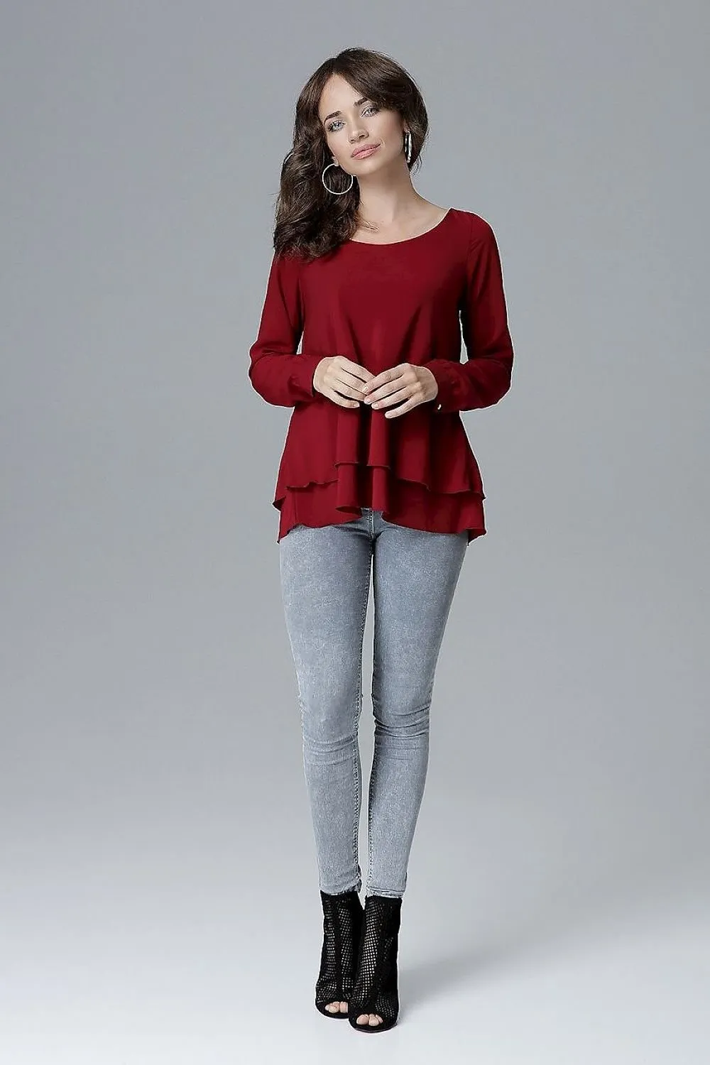 Chic Frill-Embellished Long Sleeve Blouse with Half-Round Neck