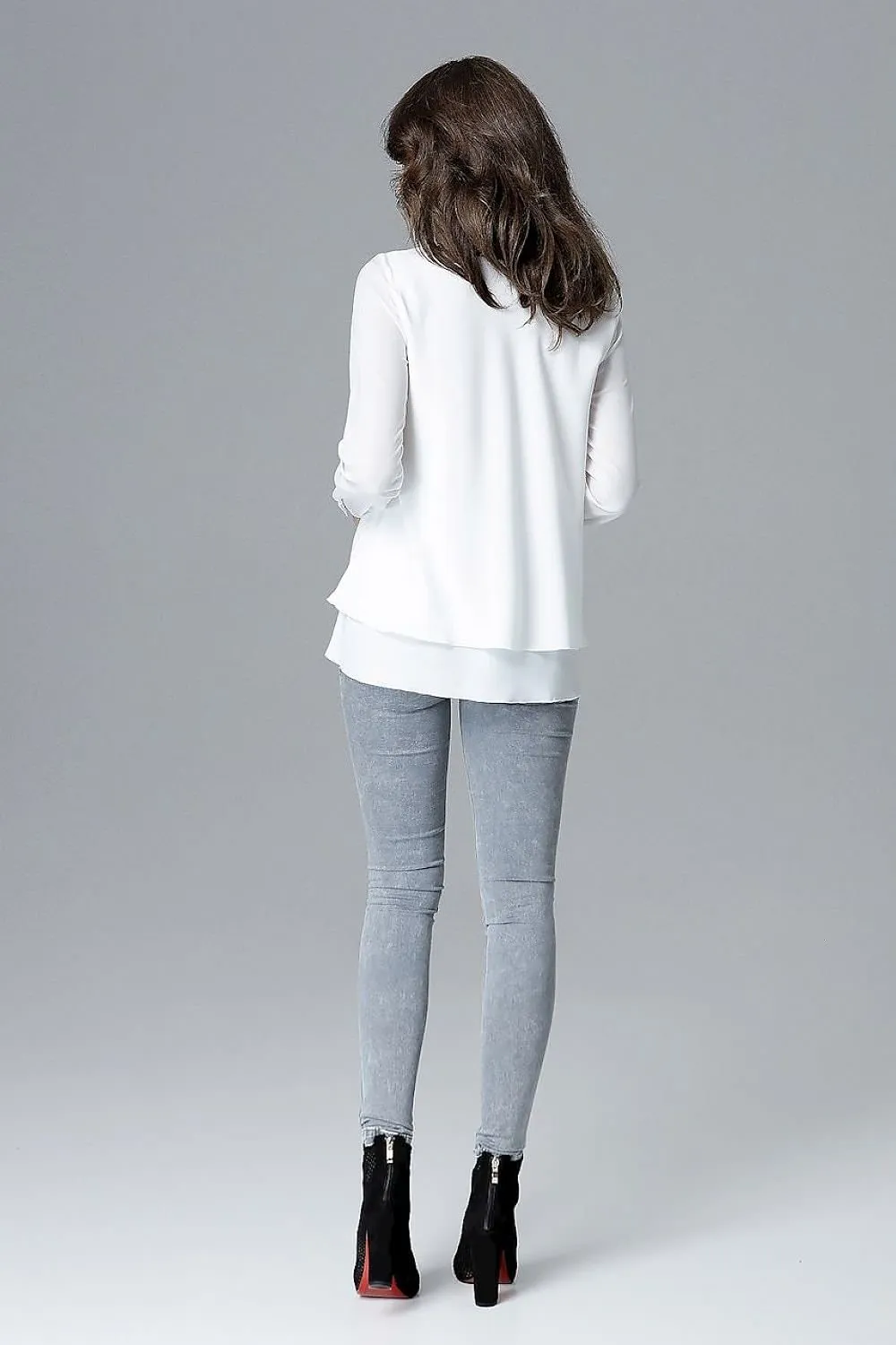 Chic Frill-Embellished Long Sleeve Blouse with Half-Round Neck