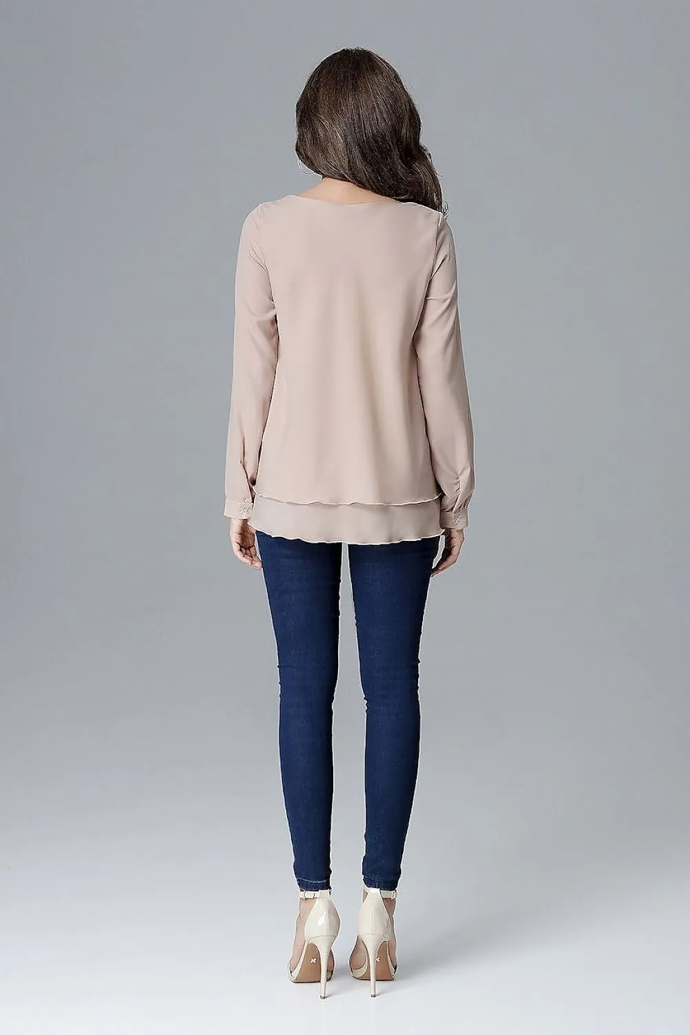 Chic Frill-Embellished Long Sleeve Blouse with Half-Round Neck