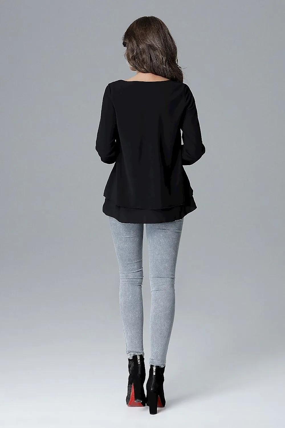 Chic Frill-Embellished Long Sleeve Blouse with Half-Round Neck