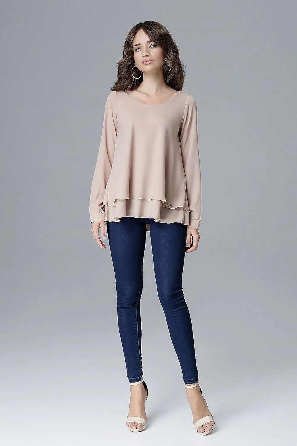 Chic Frill-Embellished Long Sleeve Blouse with Half-Round Neck