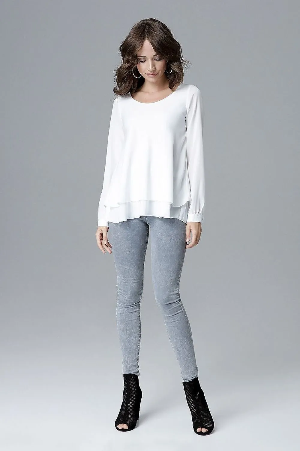 Chic Frill-Embellished Long Sleeve Blouse with Half-Round Neck