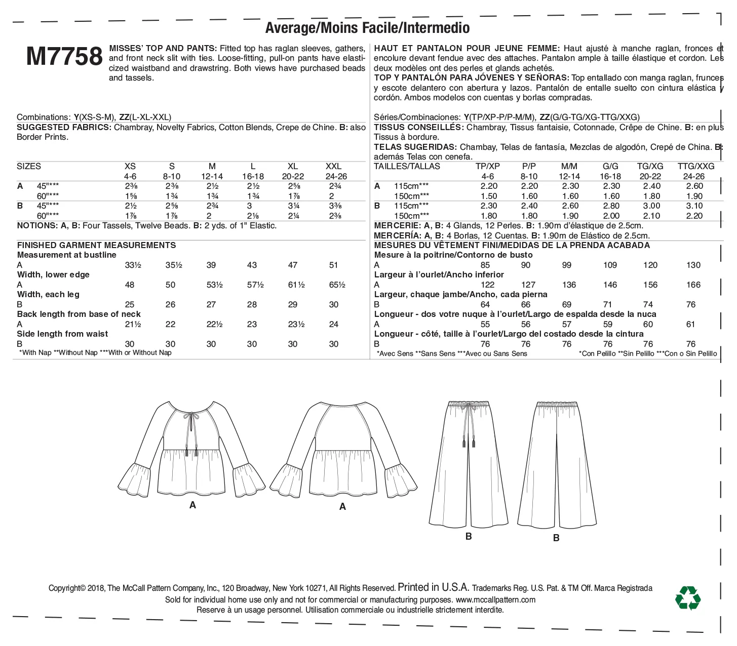 CLEARANCE • McCall's Pattern MISSES' TOP AND PANTS 7758