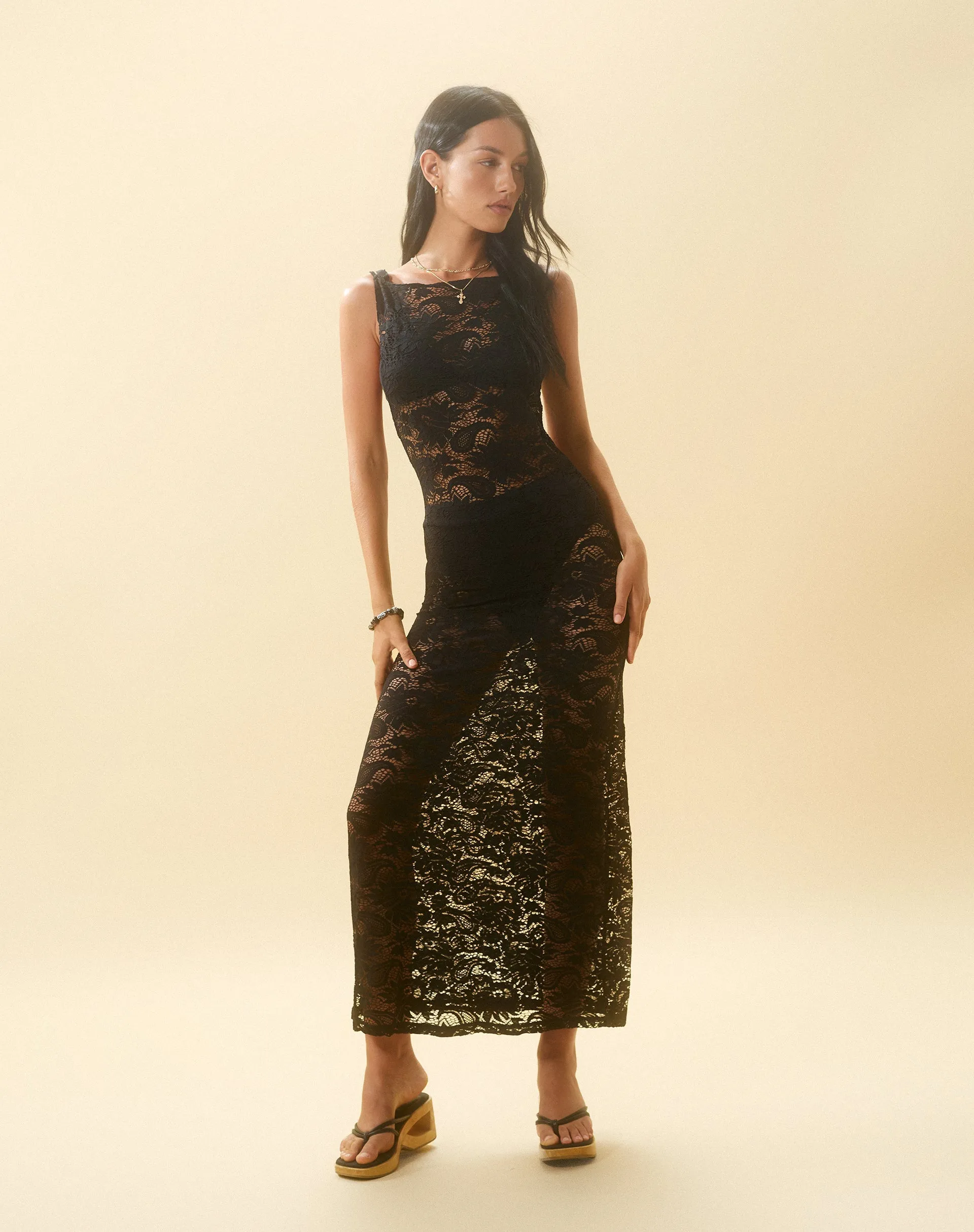 Daudy Tie Back Lace Maxi Dress in Jet Black Lace