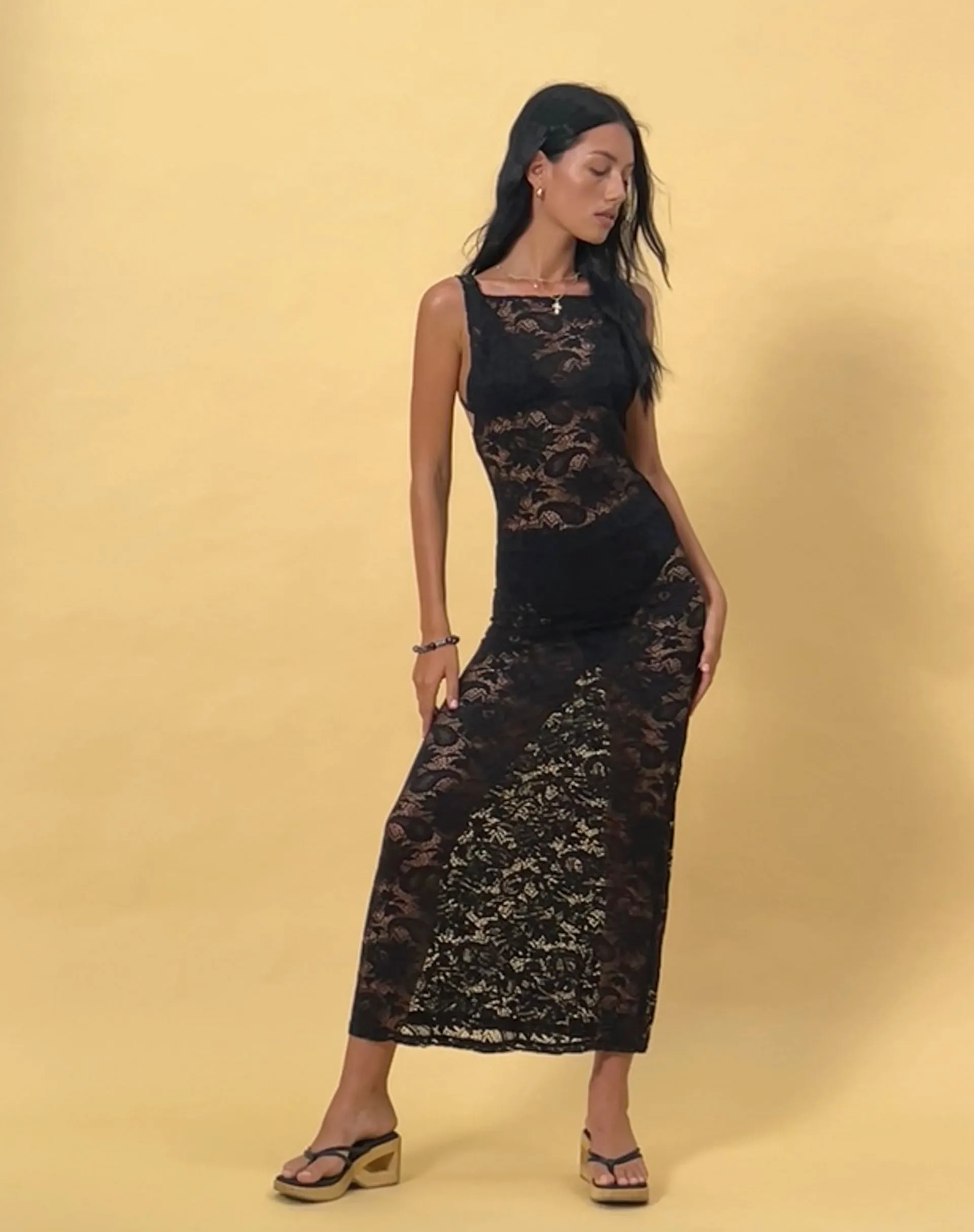 Daudy Tie Back Lace Maxi Dress in Jet Black Lace