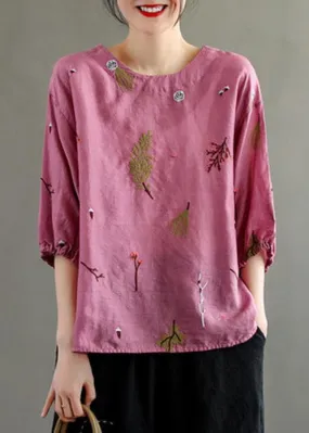 Elegant Pink O-Neck Embroideried Summer Linen Blouses