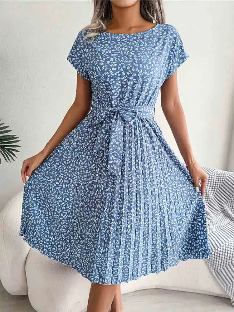 Fashion Floral Pleated Long Spring Summer High Waist Chic A-Line Dress