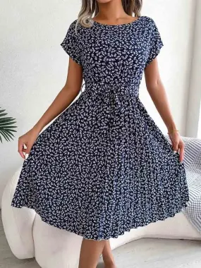 Fashion Floral Pleated Long Spring Summer High Waist Chic A-Line Dress