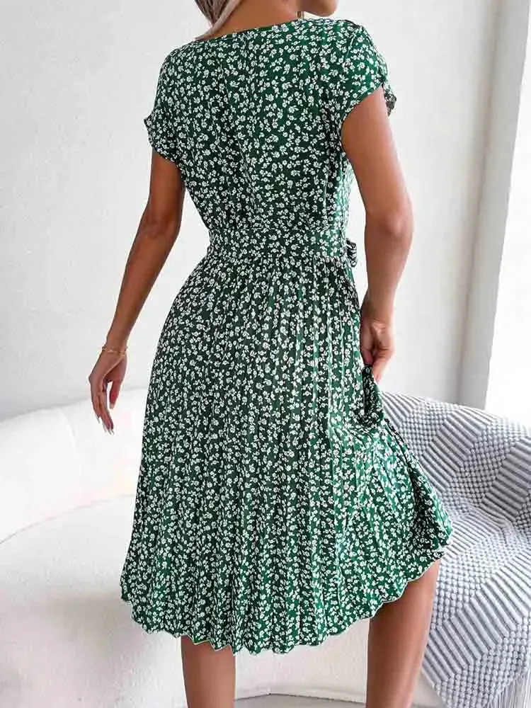 Fashion Floral Pleated Long Spring Summer High Waist Chic A-Line Dress