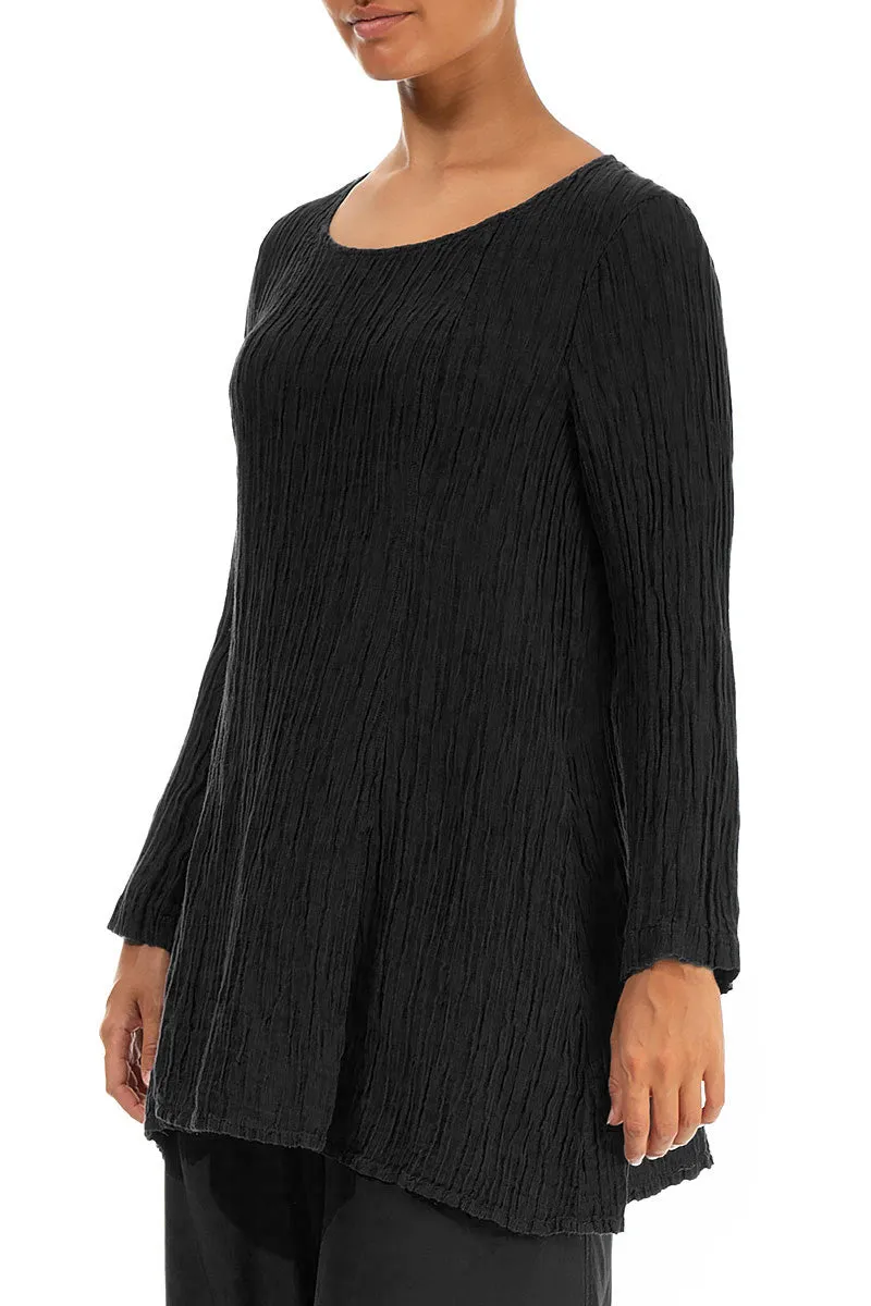 Flared Crinkled Black Silk Tunic