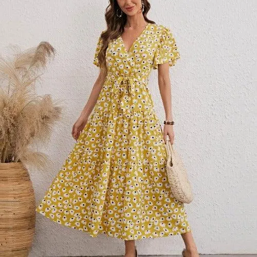 Floral Printed V-Neck Butterfly Short Sleeve A-Line Maxi Dress