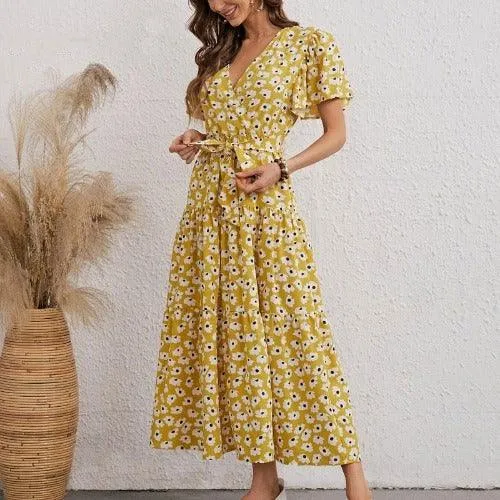 Floral Printed V-Neck Butterfly Short Sleeve A-Line Maxi Dress