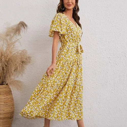 Floral Printed V-Neck Butterfly Short Sleeve A-Line Maxi Dress