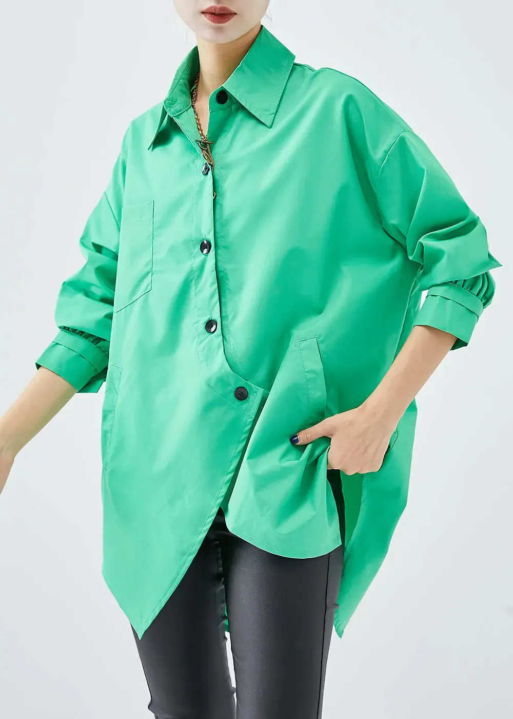 Green Cotton Blouses Asymmetrical Design Oversized Fall ML1240