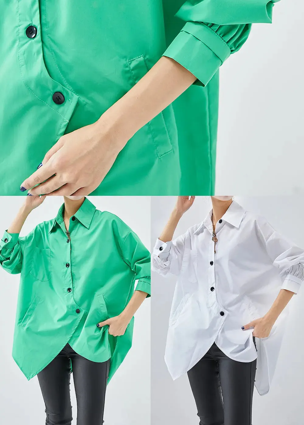 Green Cotton Blouses Asymmetrical Design Oversized Fall ML1240