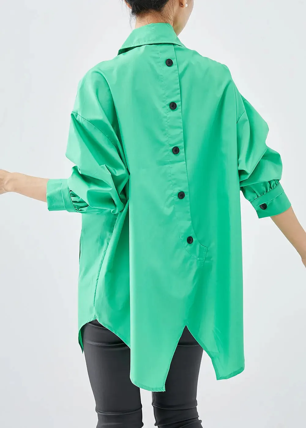 Green Cotton Blouses Asymmetrical Design Oversized Fall ML1240