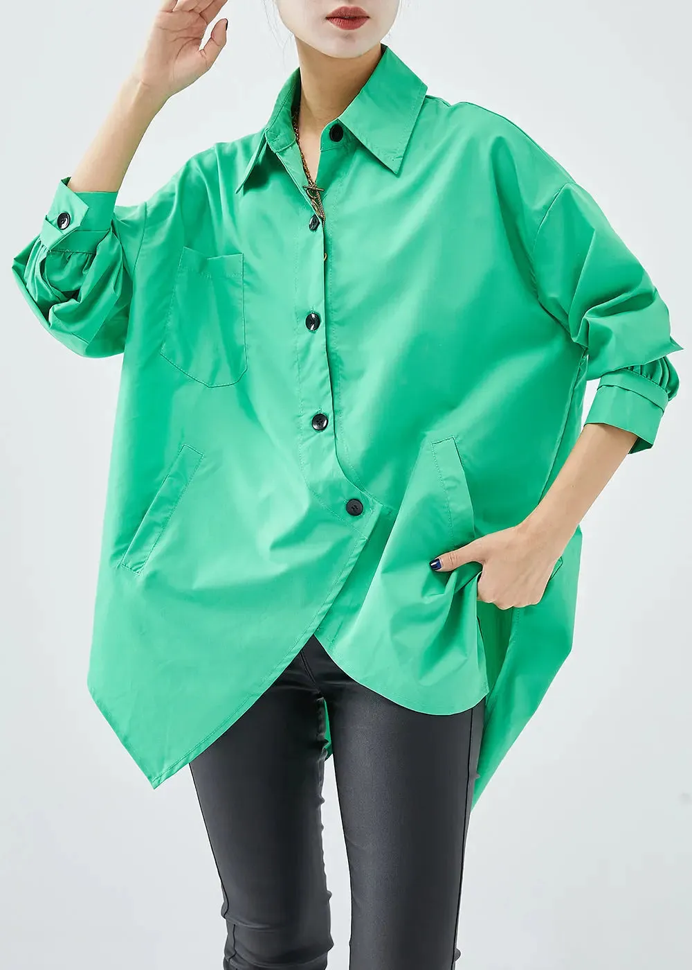 Green Cotton Blouses Asymmetrical Design Oversized Fall ML1240