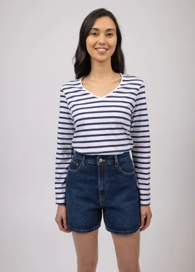 Hoedic V neck sailor striped shirt - long sleeves, in cotton (NEIGE/MARINE)