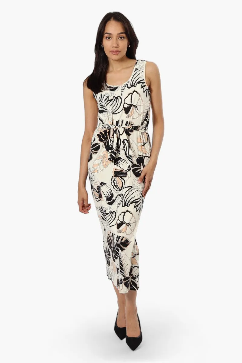 International INC Company Belted Floral Maxi Dress - Beige