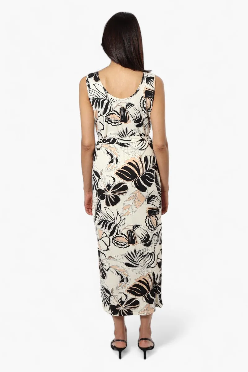 International INC Company Belted Floral Maxi Dress - Beige