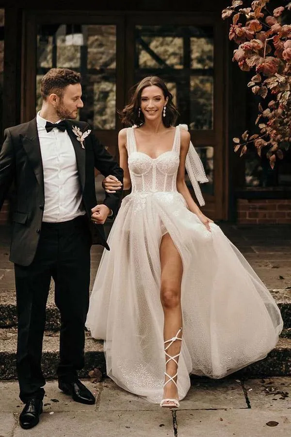 Ivory Straps A Line With Sequins Sleeveless Wedding Dresses