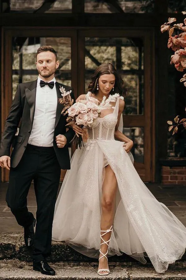 Ivory Straps A Line With Sequins Sleeveless Wedding Dresses