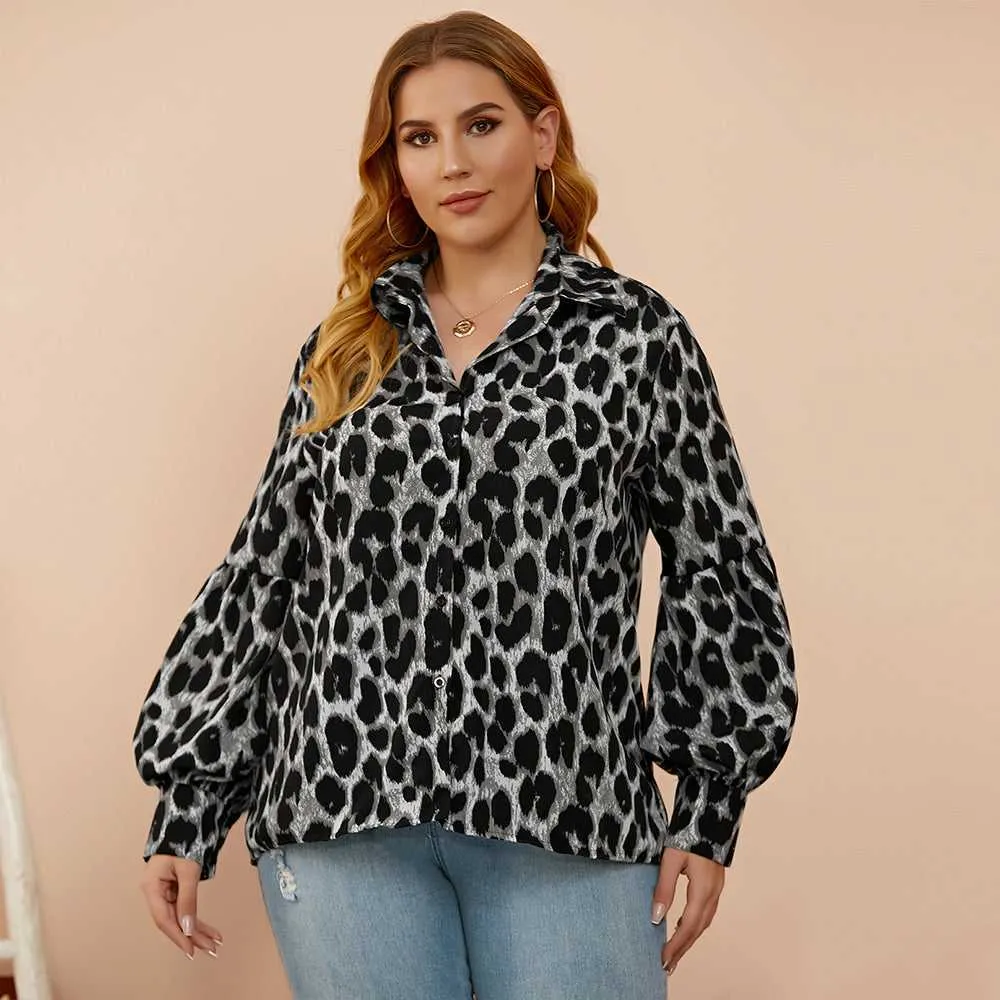 KittenAlarm - Plus size women's loose - fitting leopard-print slim lantern sleeves shirt